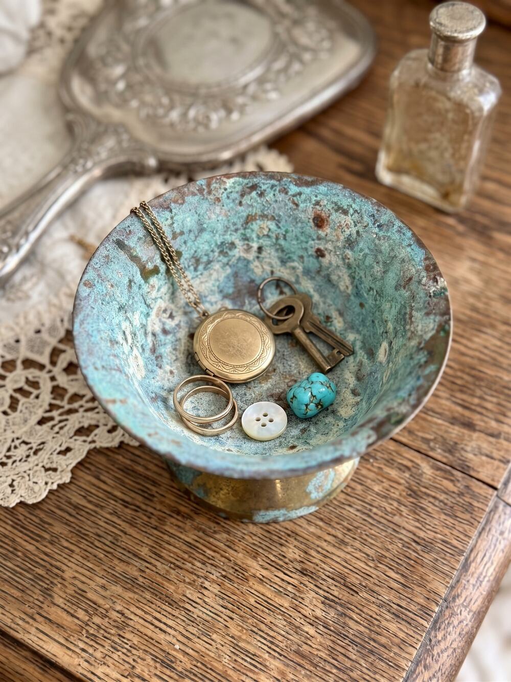 Vintage Brass Pedestal Bowl Verdigris Patina Chalice Small Flared Rim Decor